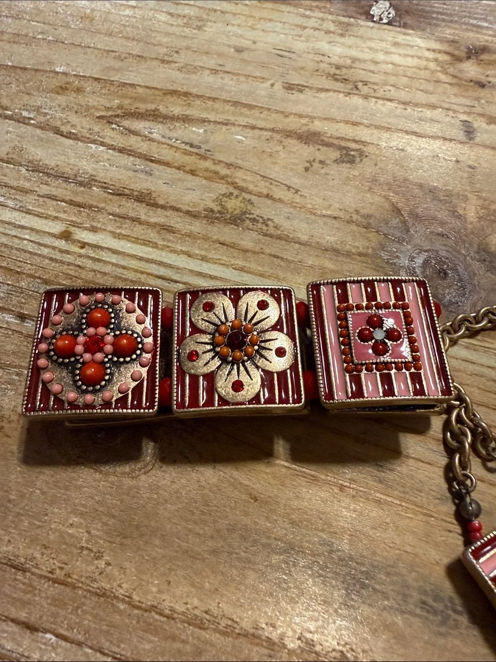 Vintage Gold Tone Red Pink Flower Necklace Matching Bangle Bracelet Floral Set